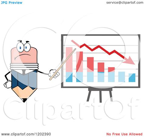 Cartoon Of A Business Pencil Mascot Pointing To A Decrease