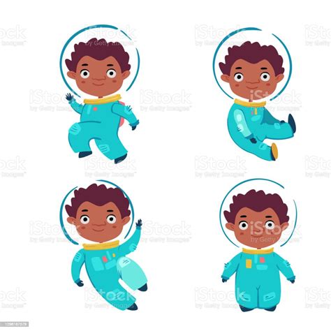 Cartoon Set Little Astronaut In Space Suit In Four Poses Stock Illustration Download Image Now