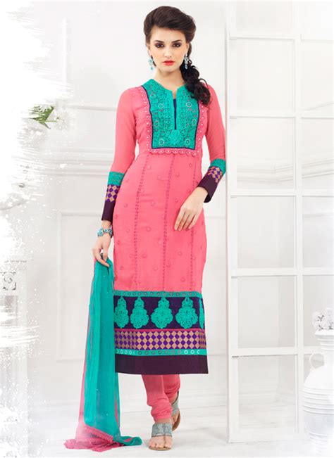 Pink Embroidered Georgette Churidar Suit