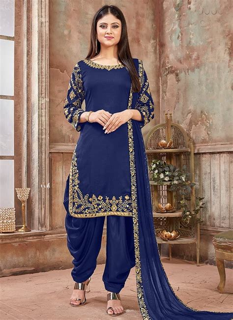 Blue And Gold Embroidered Punjabi Suit Patiala Dress Fashion Indian Dresses