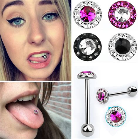 G Mm Two Color Mm Flat Crystal Ferido Tongue Ring Barbell Steel Pc Us Tongue