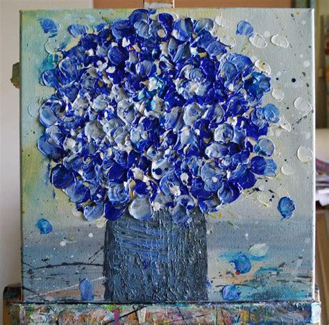 Blue Flowers Bouquet Vase Original Oil Impasto Textured Painting On Canvas