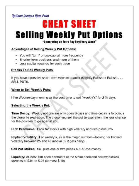 Selling Weekly Options Cheat Sheet Put Option Option Finance
