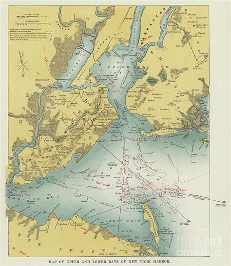 Vintage Map Of Upper And Lower Bays Of New York Harbor Drawing By