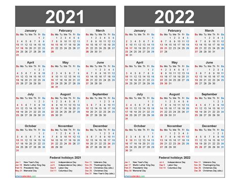 2021 And 2022 Calendar Printable With Holidays Word Pdf