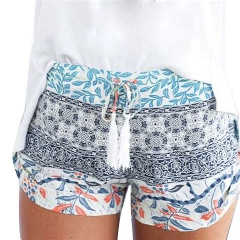 Stylish Tassel Drawstring Shorts For Women Sexy Hot Blue Print Summer