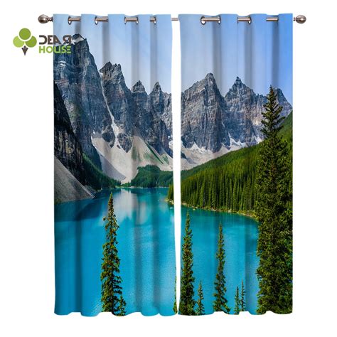 Curtains Canada Lake Landscape Rock Mountain Peaks Green Trees Sky