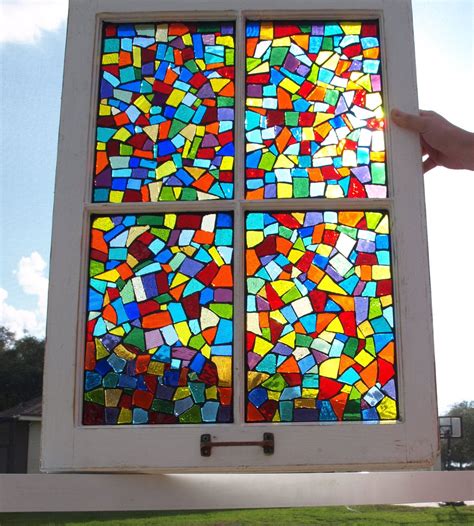 Mosaic Confetti Window Repurpose Stained Glass Vintage Wooden