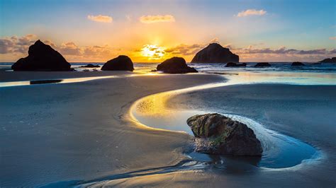 Wallpaper Sunlight Sunset Sea Bay Rock Shore Reflection Beach