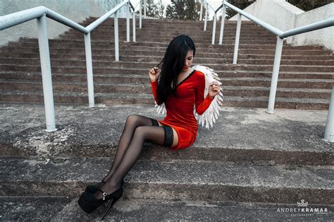 Wallpaper White Women Model Wings Angel Sitting High Heels Black Hair Skinny Red