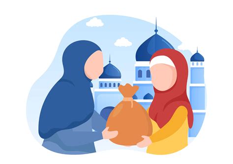 Muslim People Giving Alms Zakat Or Infaq Donation To A Person Who Need It In Flat Cartoon