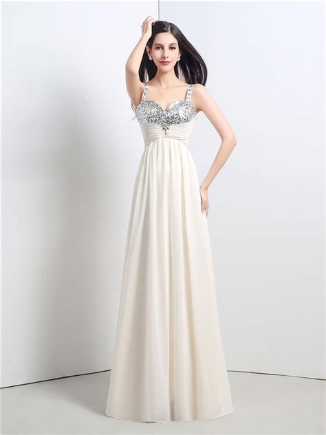 A Line Sweetheart Empire Waist Long Ivory Chiffon Sequin Prom Dress