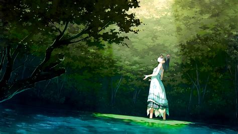 wallpaper sunlight forest anime girls water nature reflection green jungle solo tree