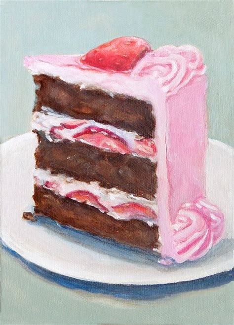 Slice Of Chocolate Cake With Pink Frosting Original Painting Etsy