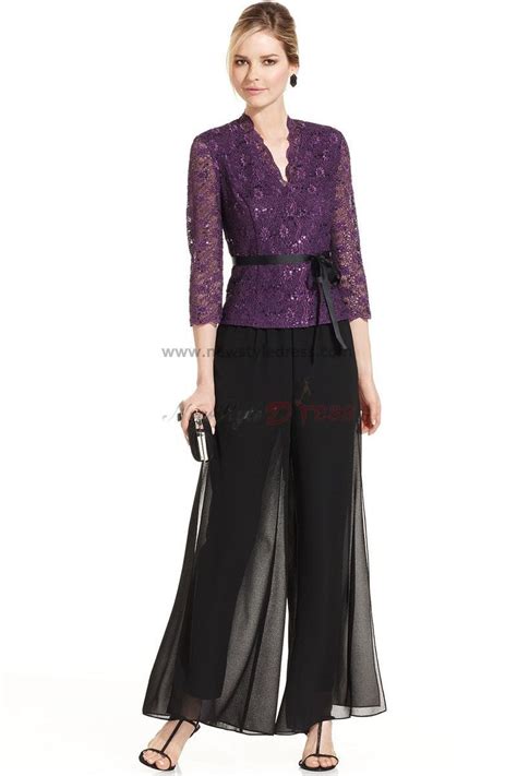 Popular Three Quarter Sleeve Mother Of The Bride Dresses Pant Suits With Purple Lace Jacket Nmo