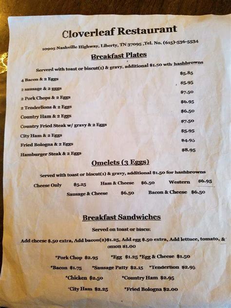 Menu Of Cloverleaf Restaurant In Liberty Tn 37095