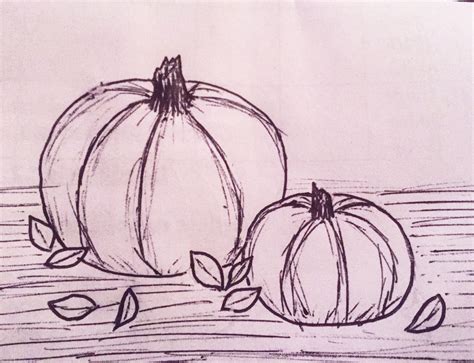 10 October 2018 Ink Drawing Of Two Pumpkins And Autumn Leaves