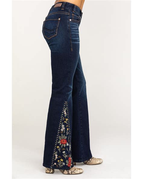 Rock And Roll Cowgirl Womens Dark Floral Embroidered Flare Jeans Blue Embroidered Jeans Boho