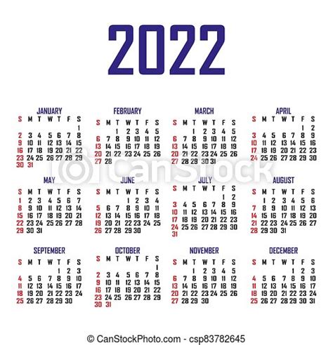 Calendar 2022 The Week Begins On Sunday Simple Calendar Template