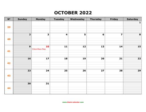 Free Download Printable October 2022 Calendar Large Box Grid Space