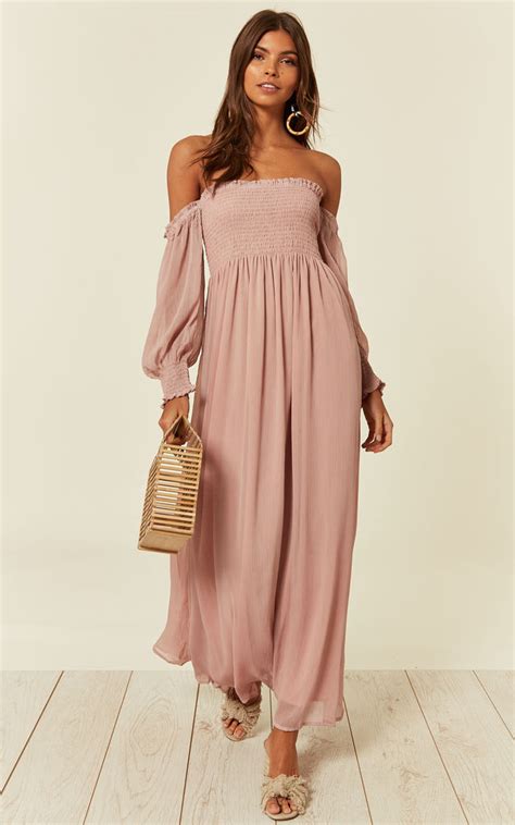 Off Shoulder Chiffon Maxi Dress With Long Sleeves In Pink