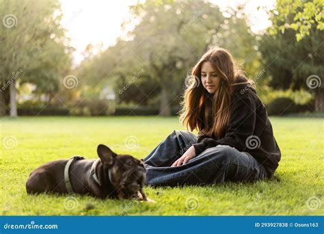 Girl Hugs Her French Bulldog Dog Stock Photo Image Of Girl Portrait
