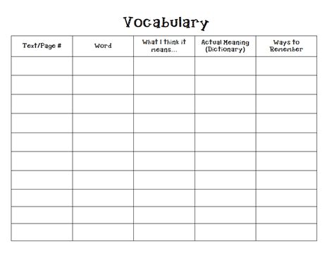 Vocabulary Chart With Pg Word Own Definition Dictionary