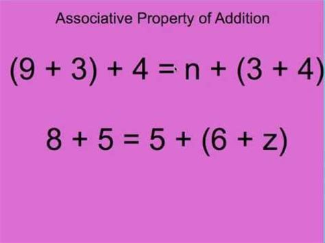 It means that, within an expression containing two or more of the same associative operators in a row, the order of operations does not matter as long as the sequence of the operands is not changed. Associative property of addition - YouTube
