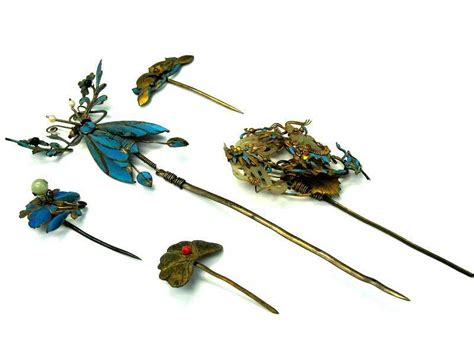 Gold Gilt On Silver Antique Chinese Hair Pins Set Of