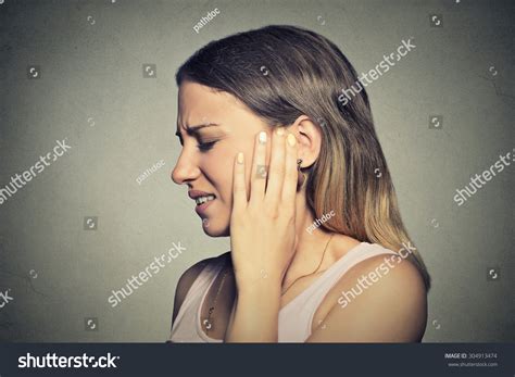 Tinnitus Closeup Side Profile Sick Young Woman Having Ear Pain