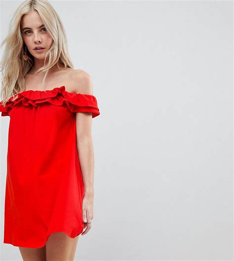 Asos Denim Off Shoulder Sundress With Double Ruffle In Red Lyst