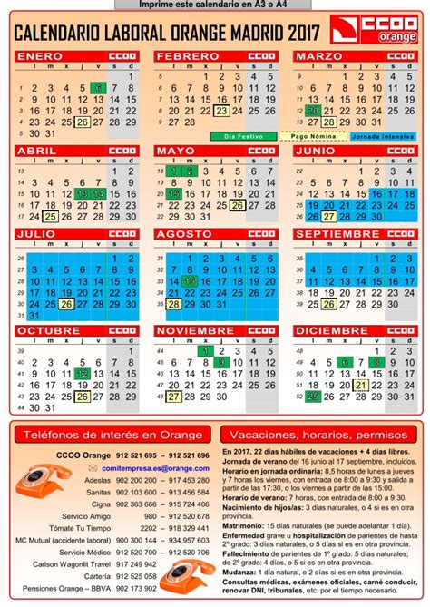 Este calendario anual del 2021 es muy práctico. Calendario Laboral Orange Madrid 2017 | CCOO Orange