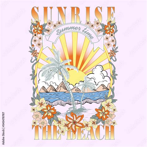 Summer Time Sunrise The Beach Tropical Sunrise Surf And Beach Vintage Beach Print Tee