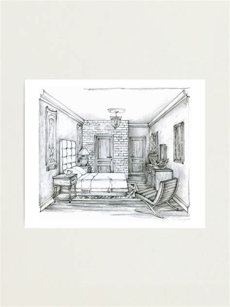 Traditional Bedroom Monochrome Pencil Sketch Photographic Print By