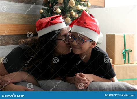 Divorced Single Mom And Year Old Dark Skinned Latino Son Wear Santa