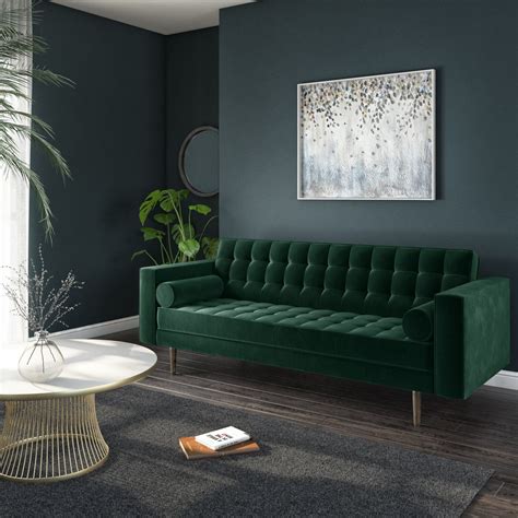 Various shades of green make the space cooler, bolder, fresher. Mid Century Style 3 Seater Sofa in Dark Green Velvet with ...