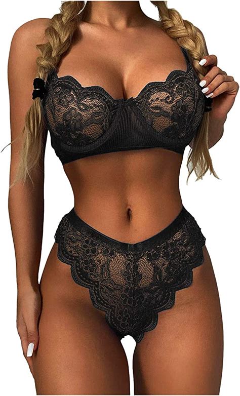 Womens Black Lace Underwear 2 Piece Set Of Gather Bra And High Waisted