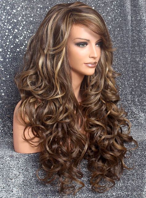 Beautiful Human Hair Blend Brown Carmel And Blonde Mix Long Full Wig With Curls And Bangs And