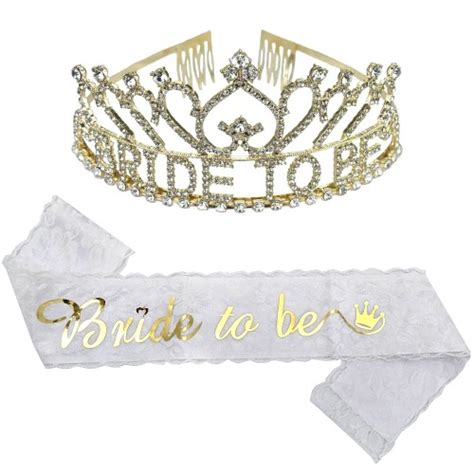 Gold Bride To Be Tiara With Diamante And White Lacy Sash Set Online