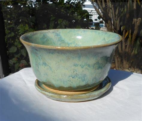 Pottery Planter With Plate And Drainage Small In Green With Etsy