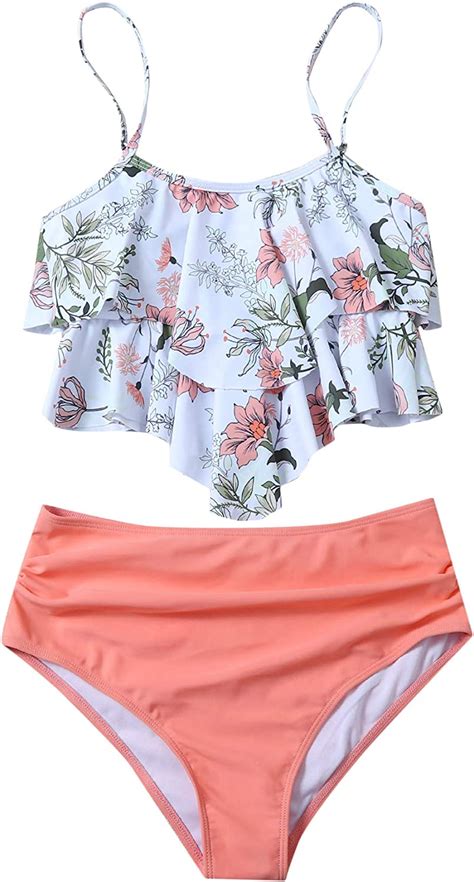 Shein Women S Swimsuits Ruffled Flounce Bikini Top With High Waisted Bottom Bathing Suit Pink