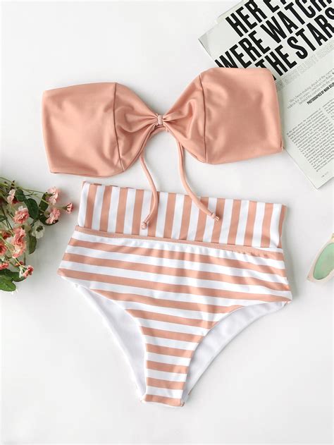 Striped Print Bandeau Bikini Set Sheinsheinside