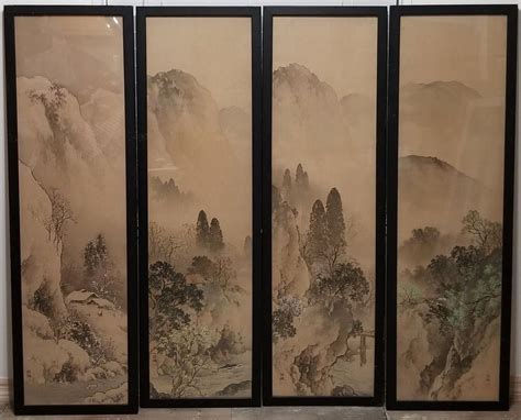 Set Of 4 Antique Signed Japanese Landscape Scroll Silk Paintings
