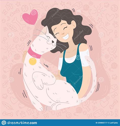 Happy Girl Hugging Her Cute Cat Vector Stock Illustration