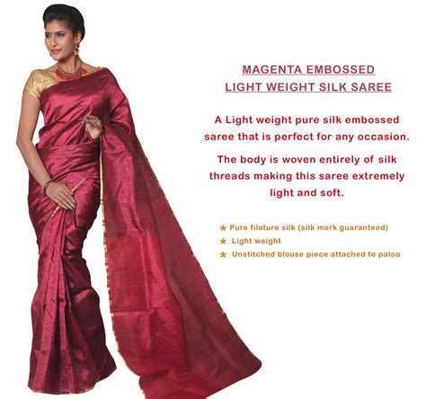 Magenta Embossed Light Weight Silk Saree Pure Silk Sarees Silk Sarees Formal Dresses Long