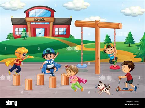 Children Playing At School Playground Illustration Stock Vector Image