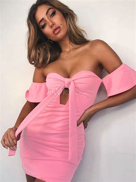 Sexy Bodycon Dress Off The Shoulder Knotted Solid Color Tight Dress