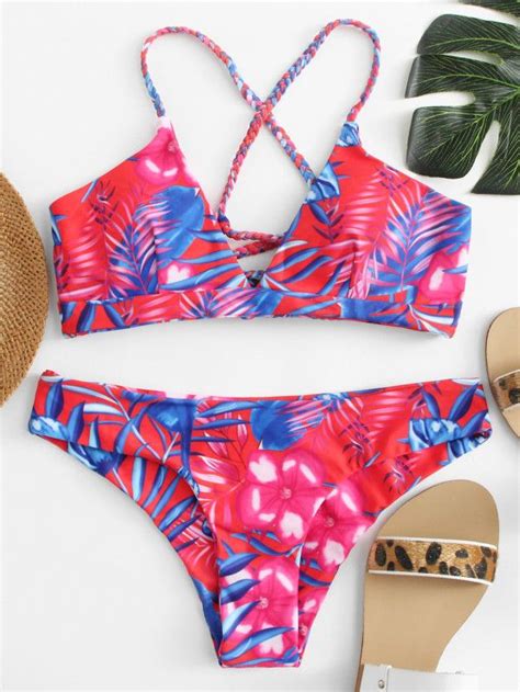 Tropical Print Braided Straps Bikini Set Sheinsheinside Swimwear