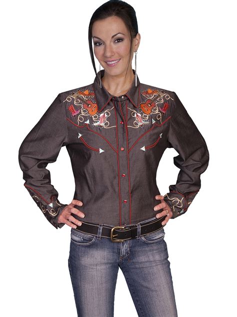 Scully Womens Charcoal Country Western Embroidered Long