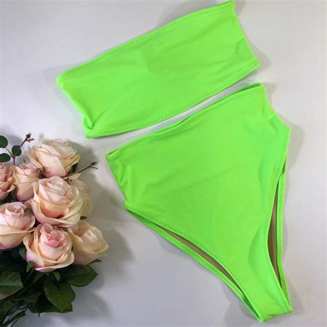 Womens Lime Neon Green High Waist Cheeky Bathing Suit Etsy Bathing Suits Cheeky High